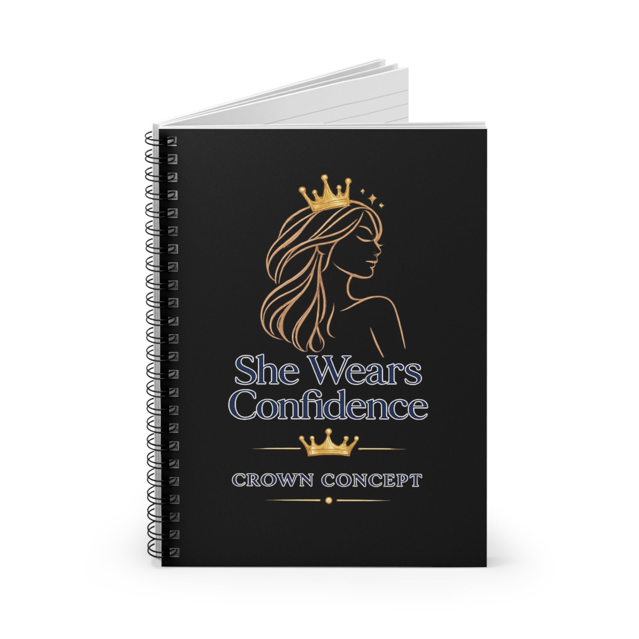 She Wears Confidence Spiral Notebook — Empowerment Journal with Crown Design