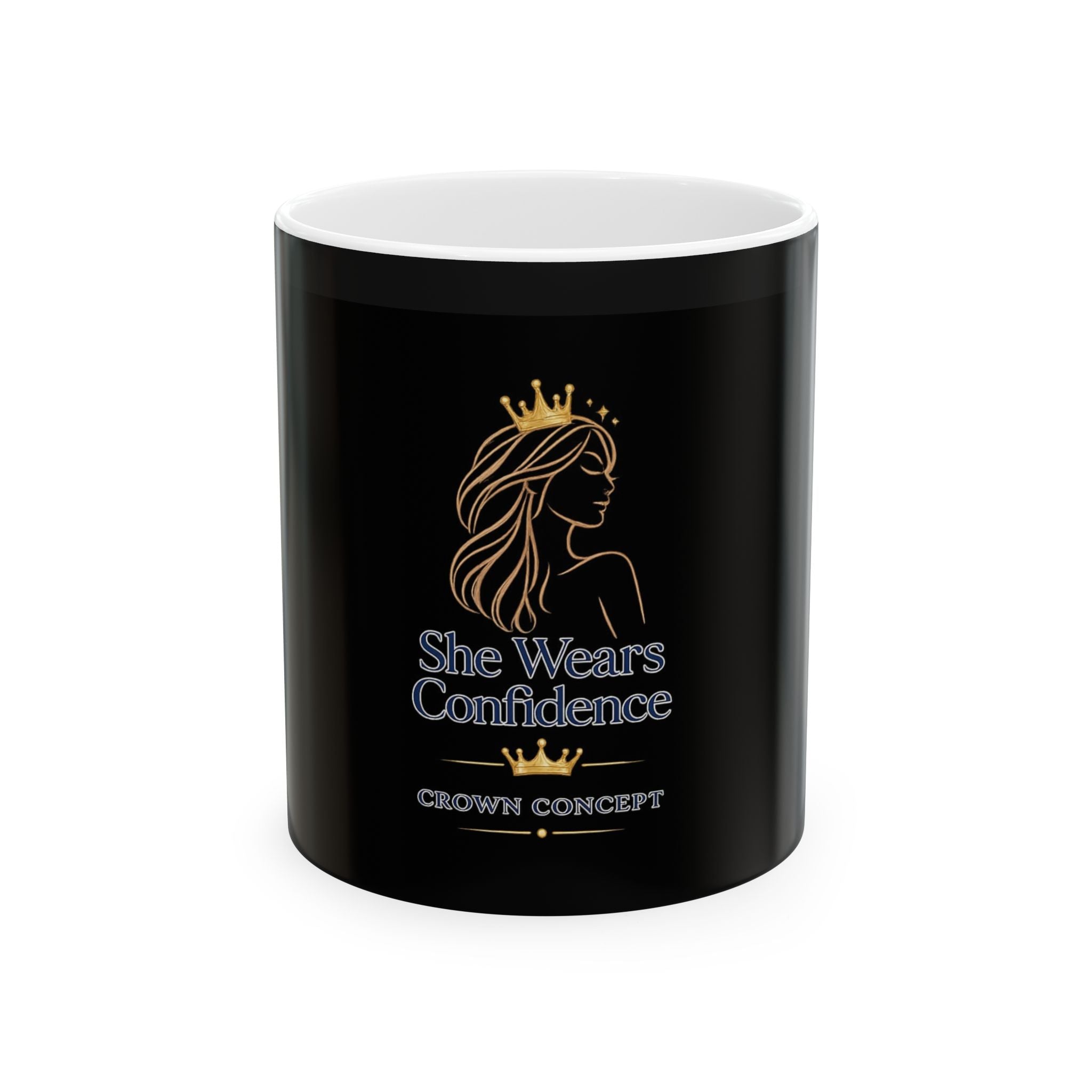 She Wears Confidence Ceramic Mug — Empowerment Coffee Cup with Gold Crown Design