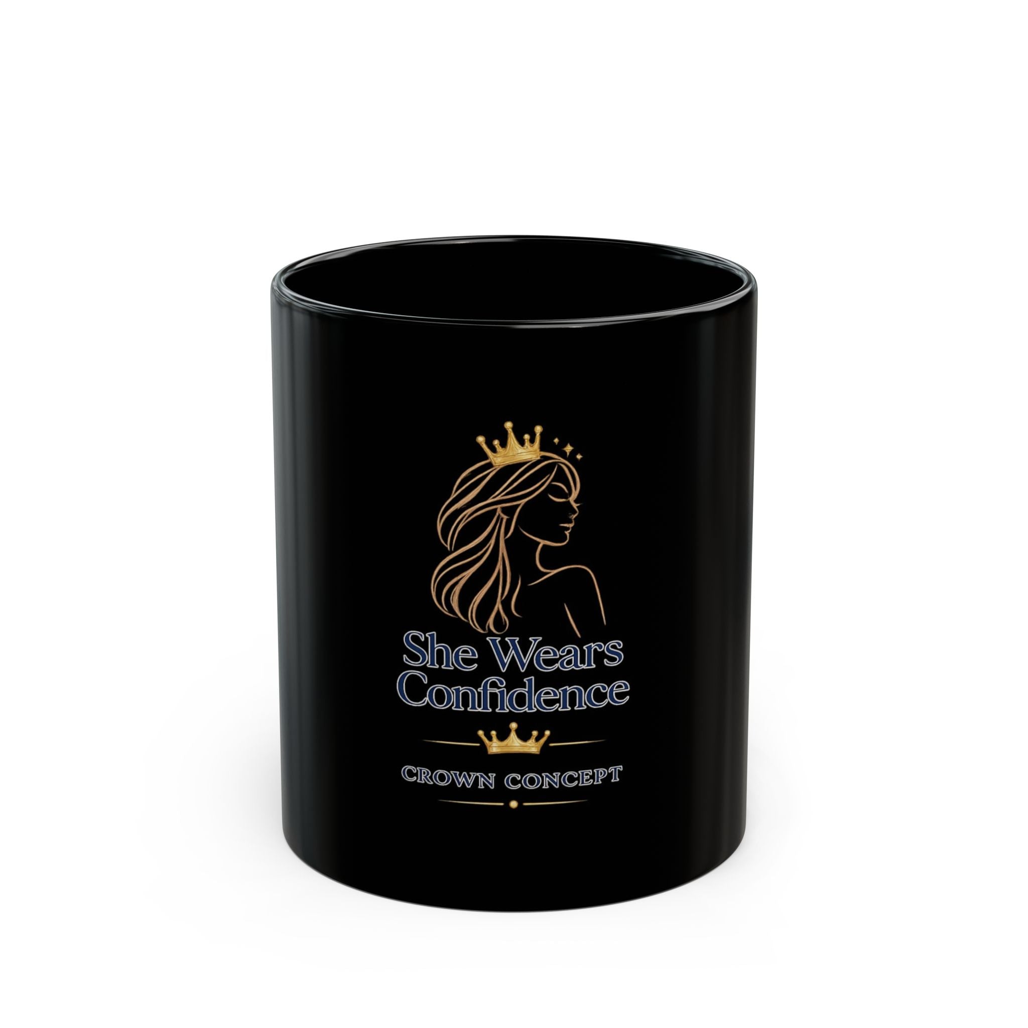 She Wears Confidence Black Coffee Mug — Inspirational Crown Design (11oz/15oz)