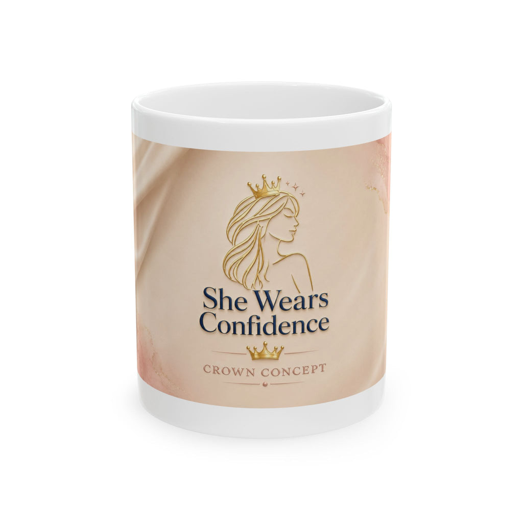 She Wears Confidence Ceramic Mug — Inspirational Crown Design Coffee Cup (11oz, 15oz)