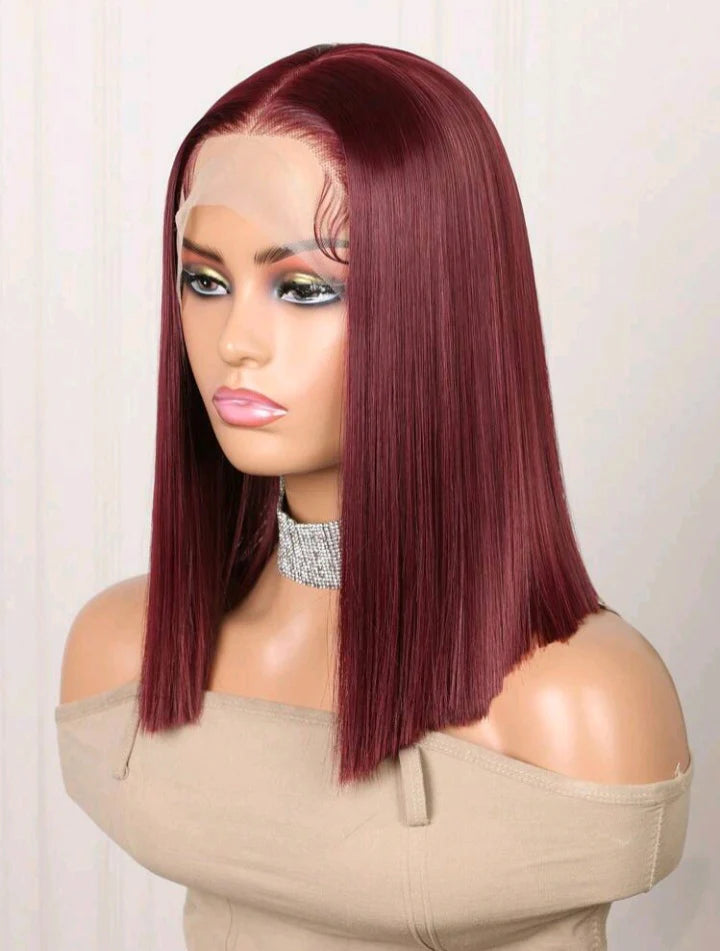 Burgundy Lace Front Wig – 16 Inch Short Bob Human Hair Blend