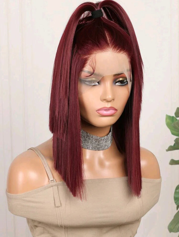 Burgundy Lace Front Wig – 16 Inch Short Bob Human Hair Blend