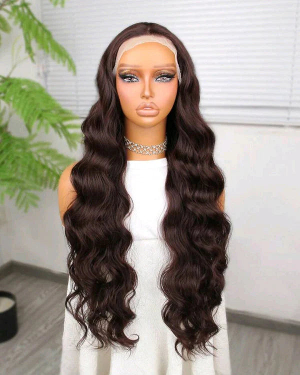 Heat Resistant Front Lace Wig – 30 Inch Brown Human Hair Blend
