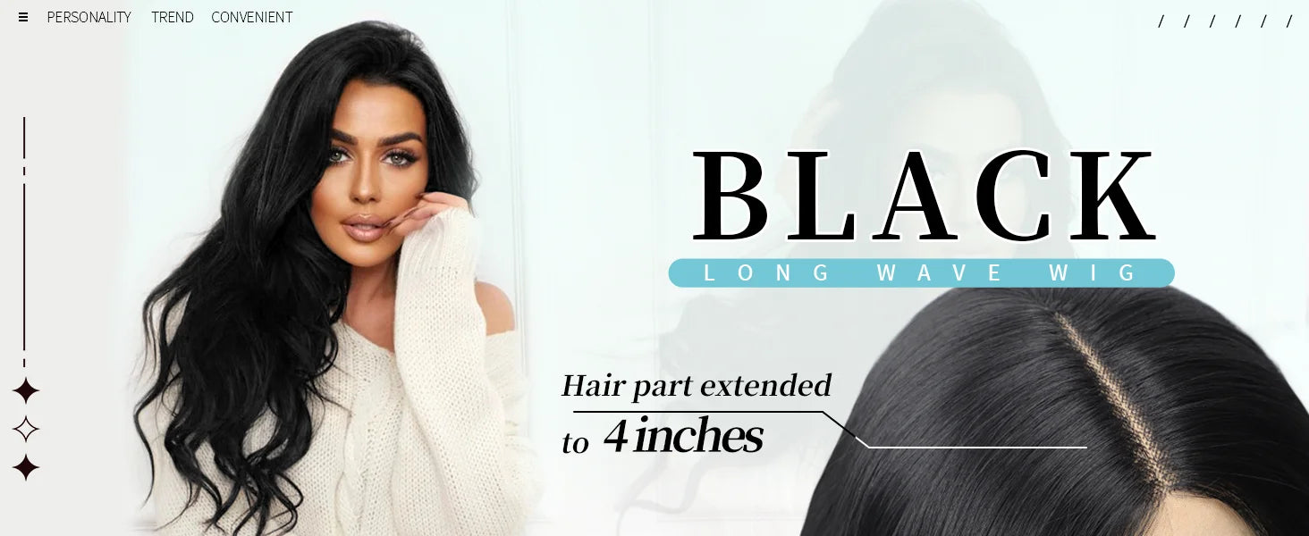 Crown Long Wavy Black Wig — Lace Hairline Middle Part