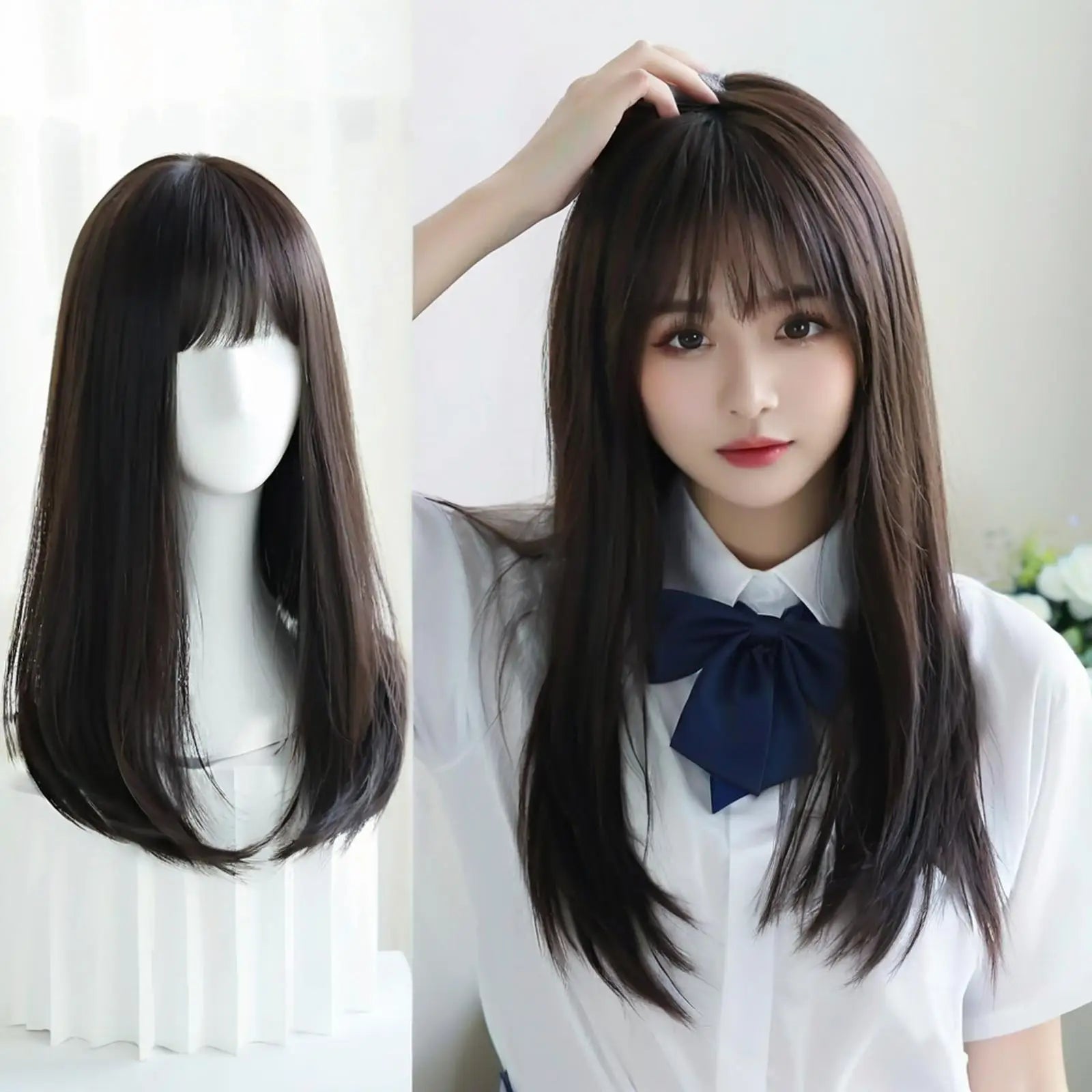 Wig for Women: Long Straight Hair, Air (Air Curtain Bangs), Innocent Girl Style, Synthetic Full Head Wig
