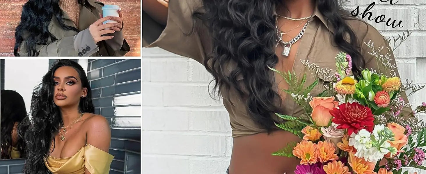 Crown Long Wavy Black Wig — Lace Hairline Middle Part