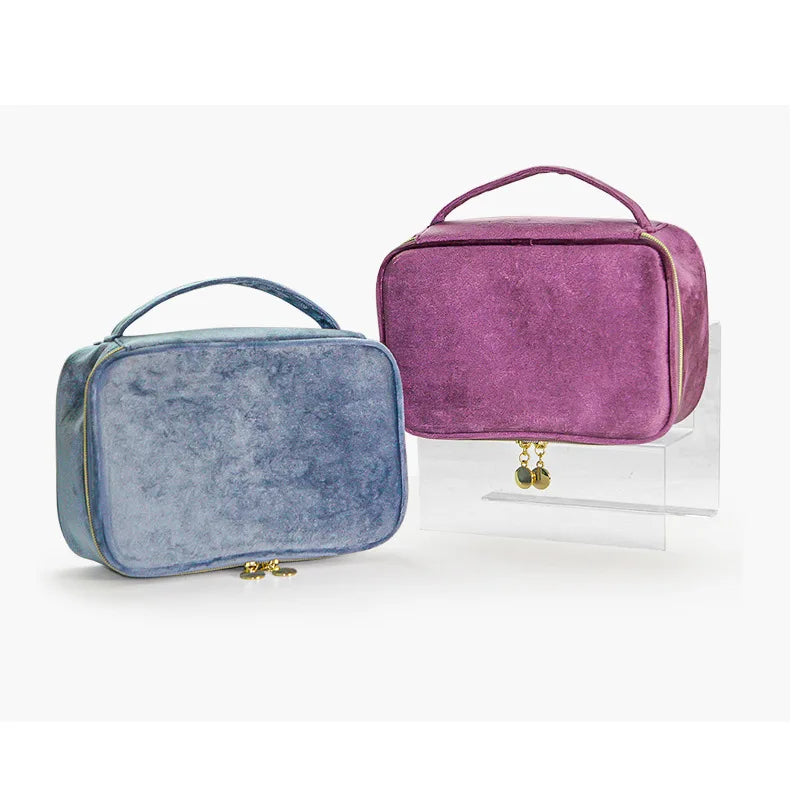Velvet Cosmetics Bag Top Handle Travel Large Capacity Brushes Suede Makeup Vanity Case Custom Initials Name Gift