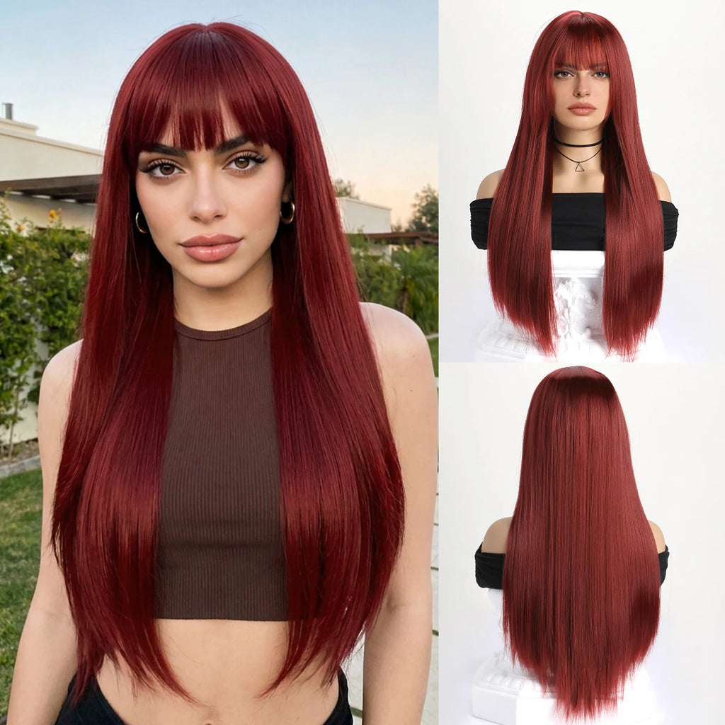 Wig with Bangs for Women  Long Straight Heat Resistant Synthetic Wig for Daily Use, Party, Halloween, Cosplay 26 Inch Wig for