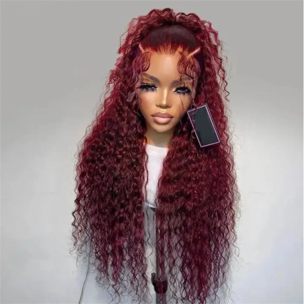 Soft Burgundy Long 26Inch 180Density Kinky curly Preplucked Glueless Synthetic 13x4 Lace Front Wig Baby Hair Daily use