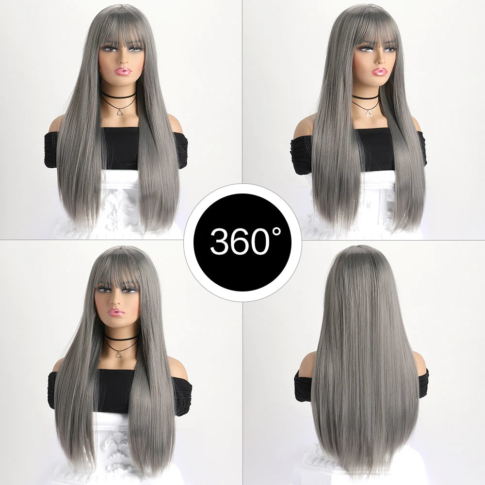 Wig with Bangs for Women  Long Straight Heat Resistant Synthetic Wig for Daily Use, Party, Halloween, Cosplay 26 Inch Wig for