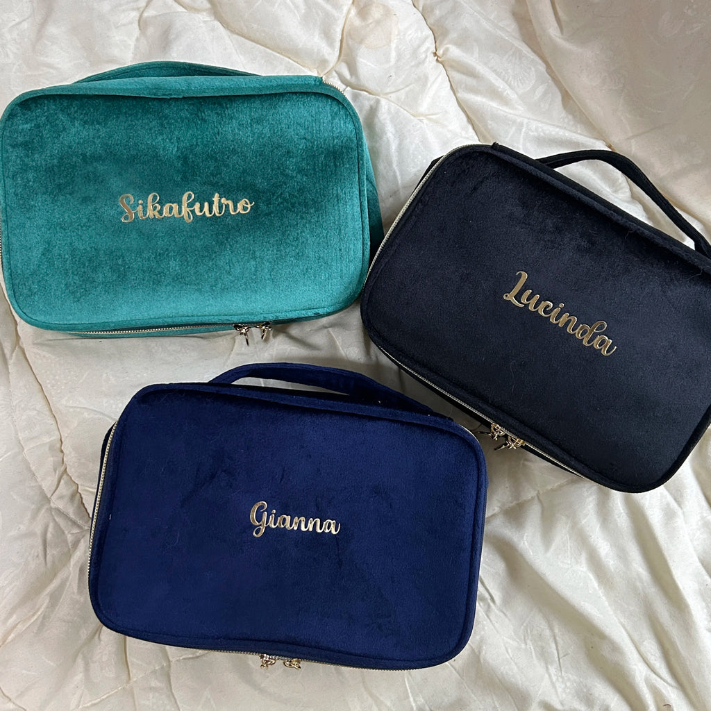 Velvet Cosmetics Bag Top Handle Travel Large Capacity Brushes Suede Makeup Vanity Case Custom Initials Name Gift