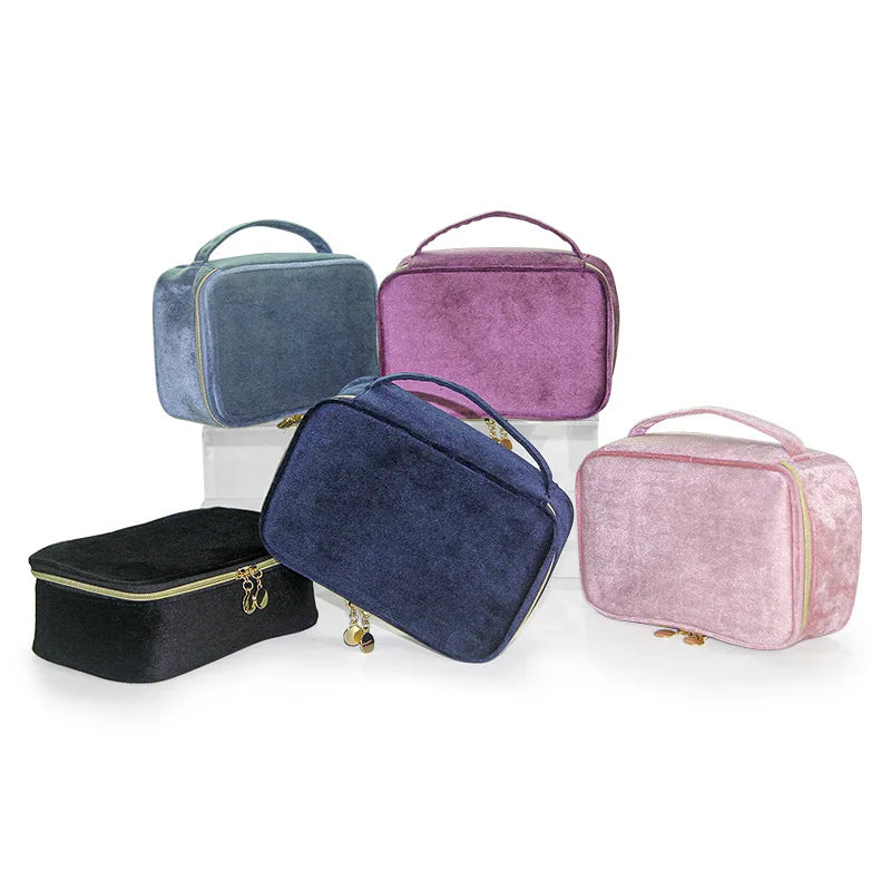 Velvet Cosmetics Bag Top Handle Travel Large Capacity Brushes Suede Makeup Vanity Case Custom Initials Name Gift