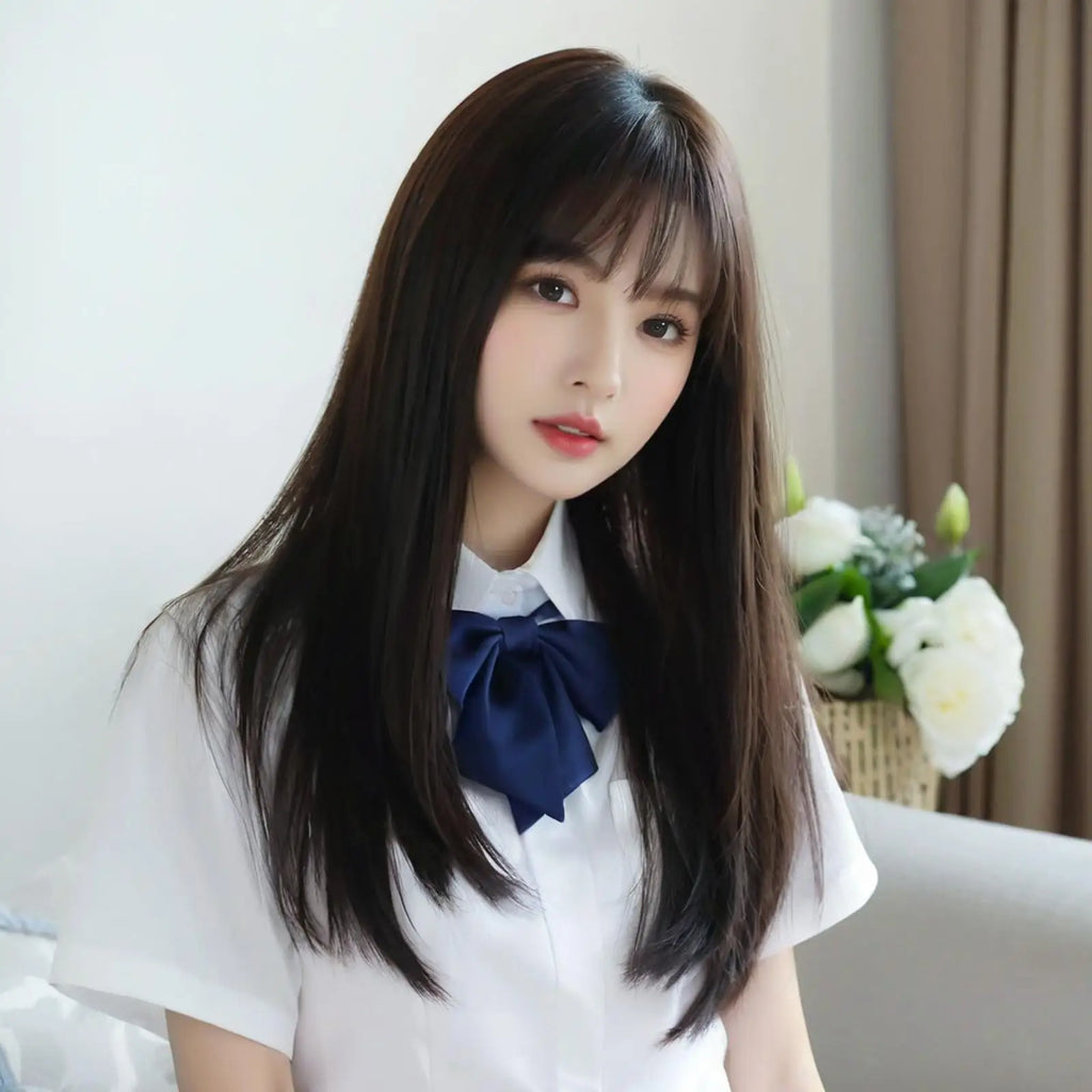 Wig for Women: Long Straight Hair, Air (Air Curtain Bangs), Innocent Girl Style, Synthetic Full Head Wig