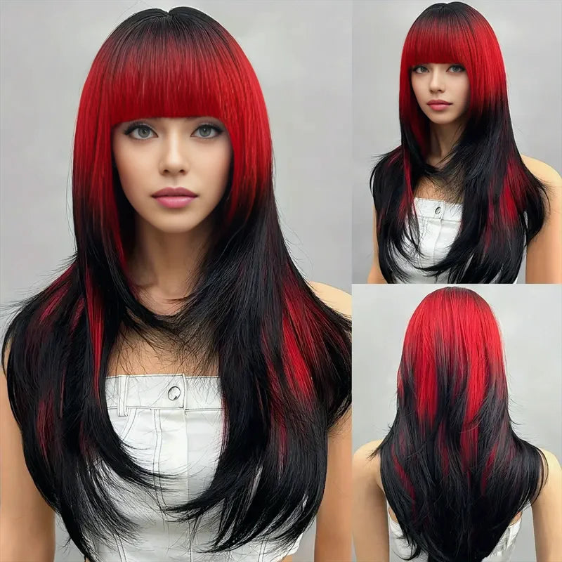 Wigs for women long straight hair heat-resistant synthetic fiber 25 inches black and red abalone head with bangs full wig