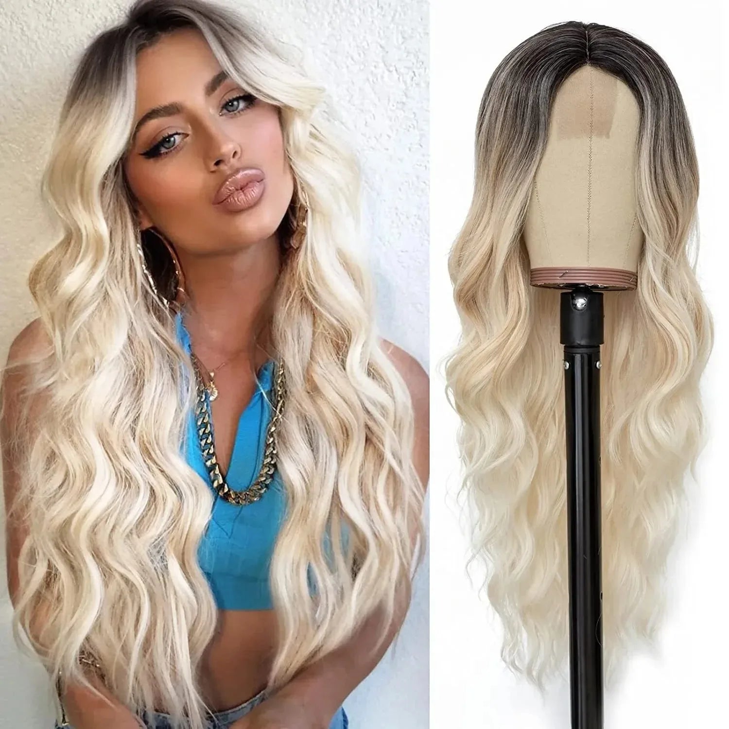 Crown Long Wavy Black Wig — Lace Hairline Middle Part
