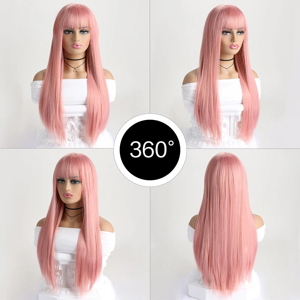 Wig with Bangs for Women  Long Straight Heat Resistant Synthetic Wig for Daily Use, Party, Halloween, Cosplay 26 Inch Wig for