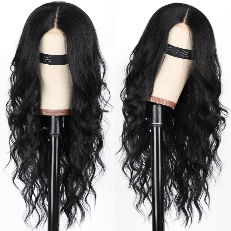Crown Long Wavy Black Wig — Lace Hairline Middle Part