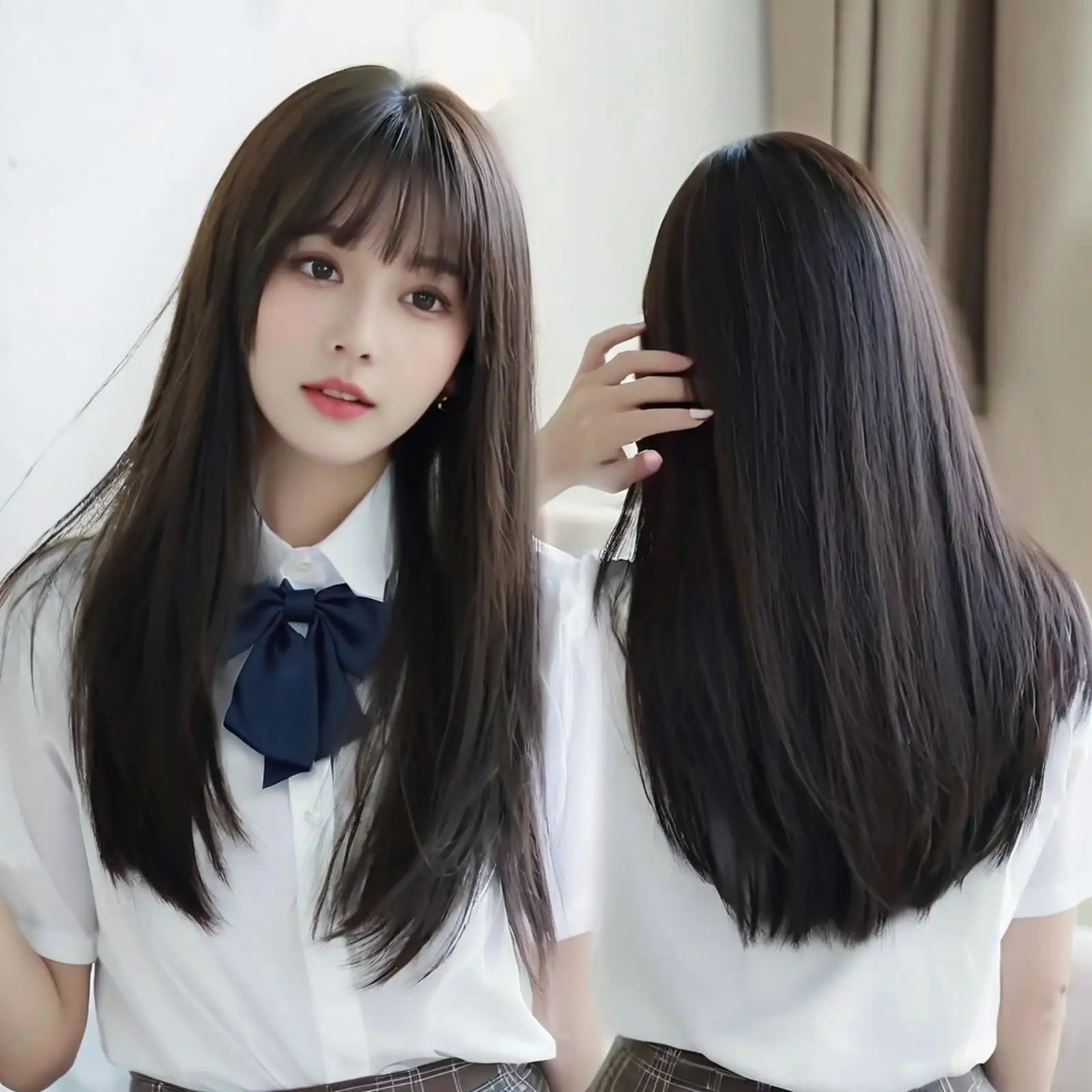 Wig for Women: Long Straight Hair, Air (Air Curtain Bangs), Innocent Girl Style, Synthetic Full Head Wig