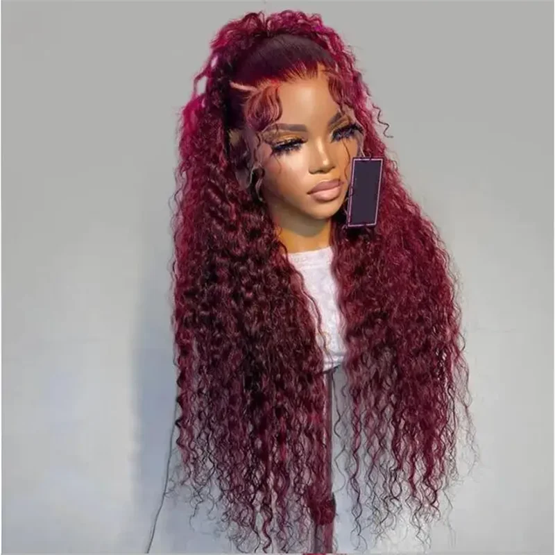 Soft Burgundy Long 26Inch 180Density Kinky curly Preplucked Glueless Synthetic 13x4 Lace Front Wig Baby Hair Daily use