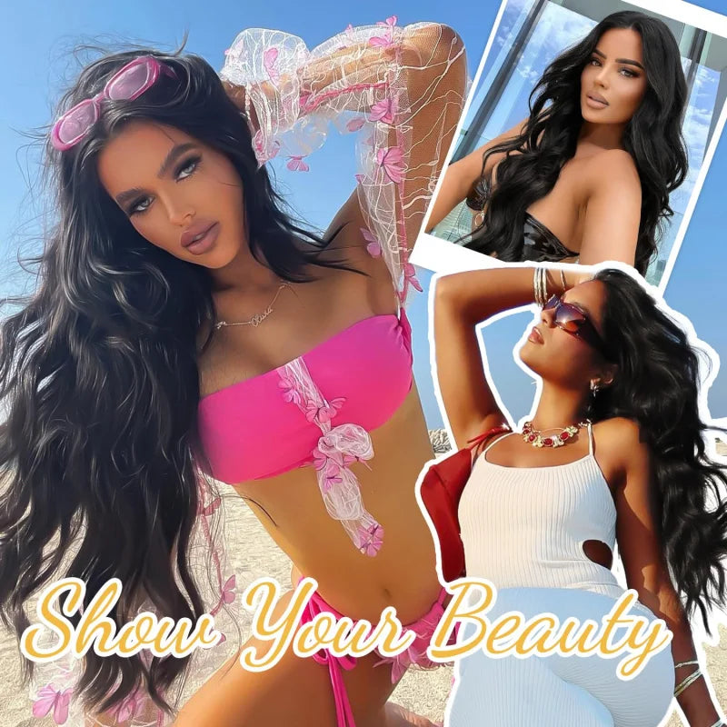 Crown Long Wavy Black Wig — Lace Hairline Middle Part