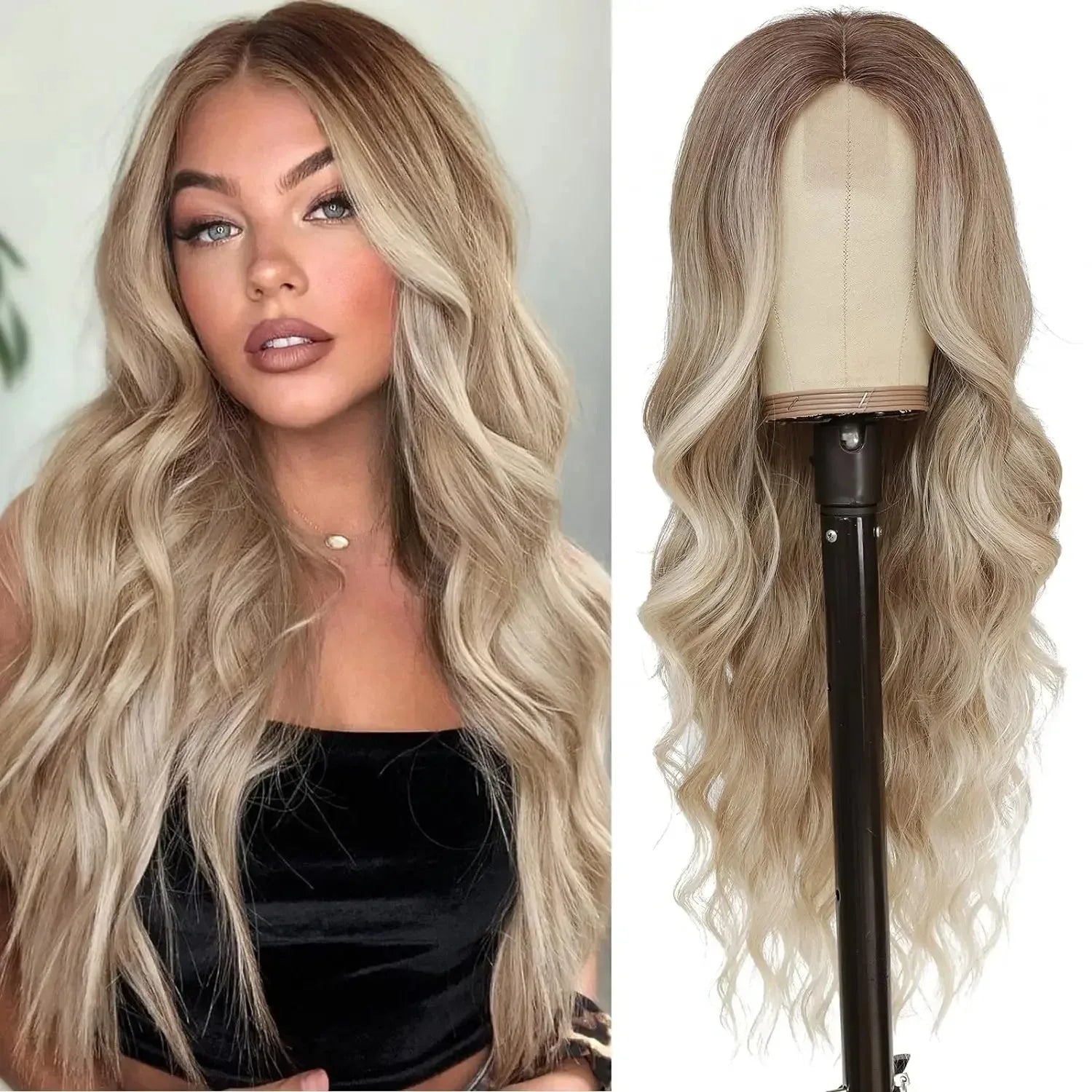 Crown Long Wavy Black Wig — Lace Hairline Middle Part