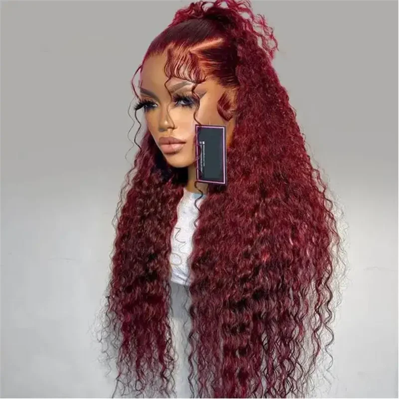 Soft Burgundy Long 26Inch 180Density Kinky curly Preplucked Glueless Synthetic 13x4 Lace Front Wig Baby Hair Daily use