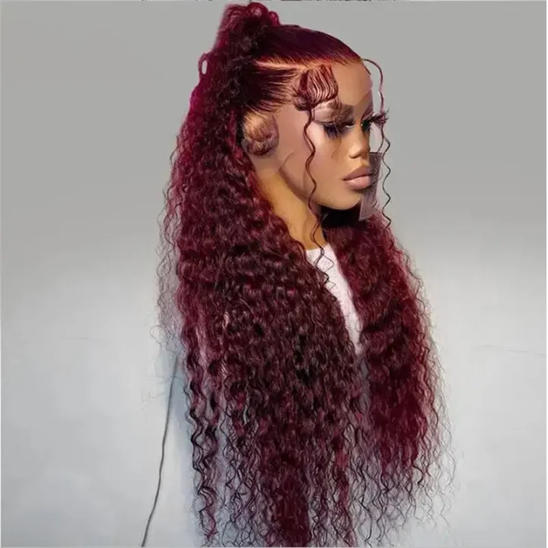 Soft Burgundy Long 26Inch 180Density Kinky curly Preplucked Glueless Synthetic 13x4 Lace Front Wig Baby Hair Daily use