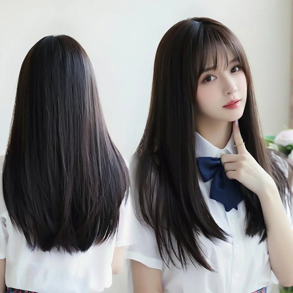 Wig for Women: Long Straight Hair, Air (Air Curtain Bangs), Innocent Girl Style, Synthetic Full Head Wig