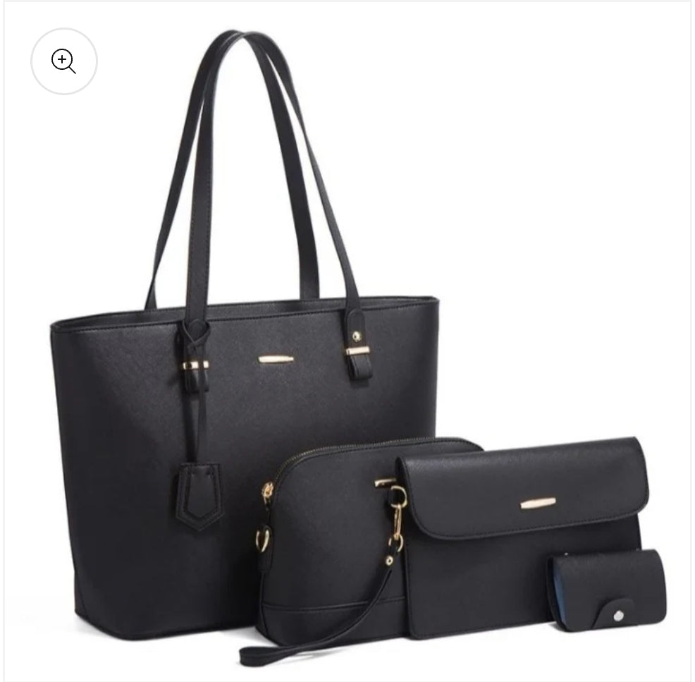 4-piece women's fashion tote handbag set in black — side angle view
