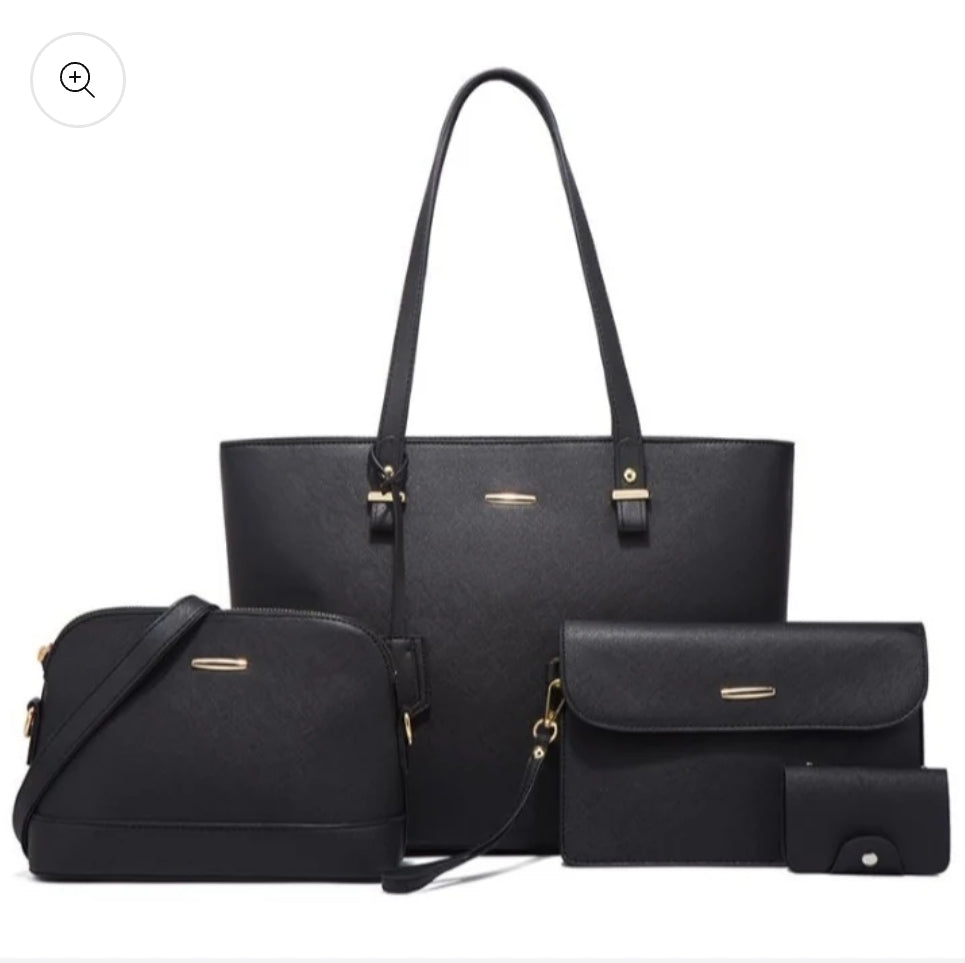 4-piece women's fashion tote handbag set in black — front view