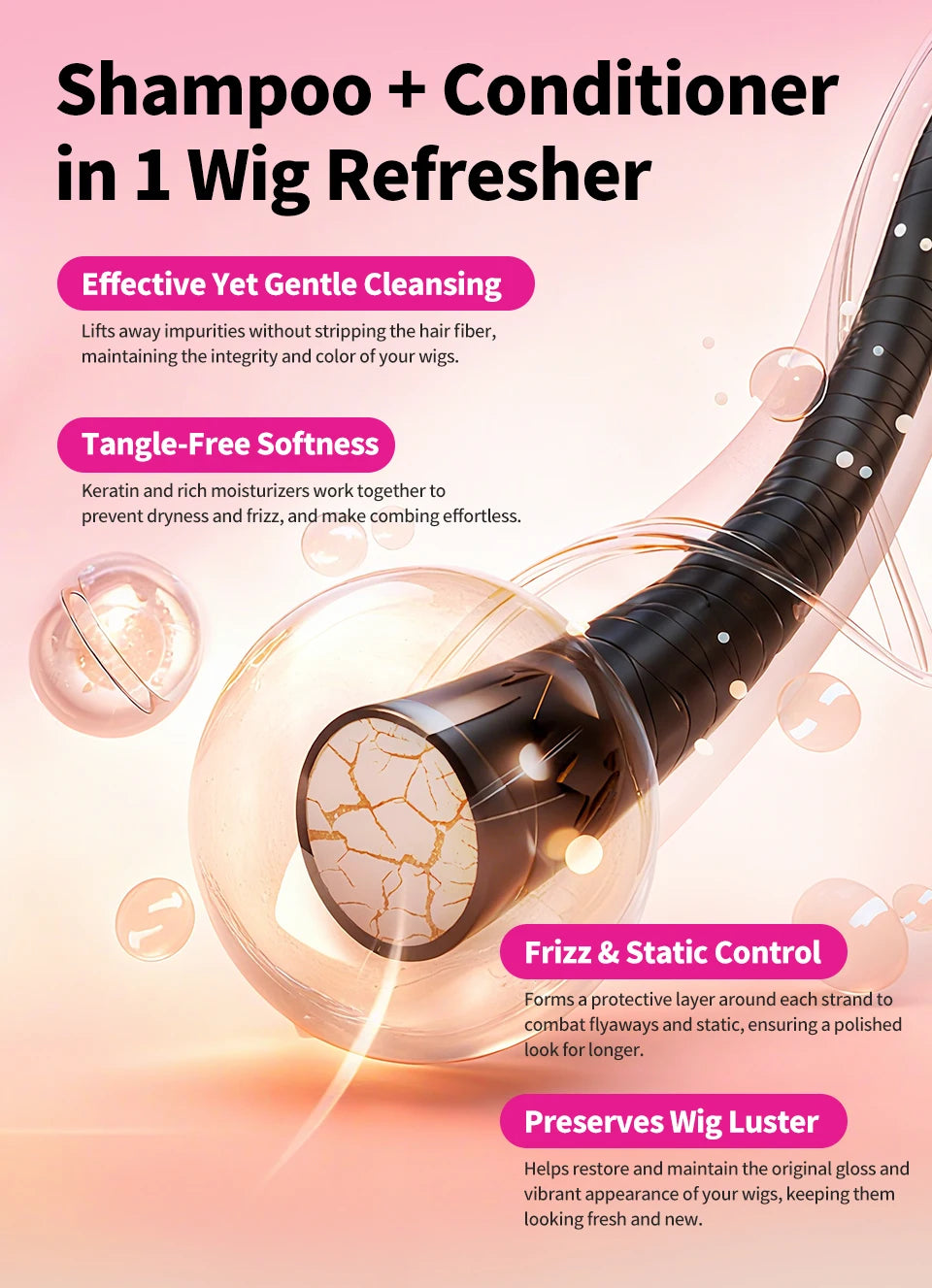 Wig Hair Care Shampoo Professional 2 IN 1 Wig Shampoo for Human and Synthetic Smoothing Shiny Repair Damaged Hair Conditioner