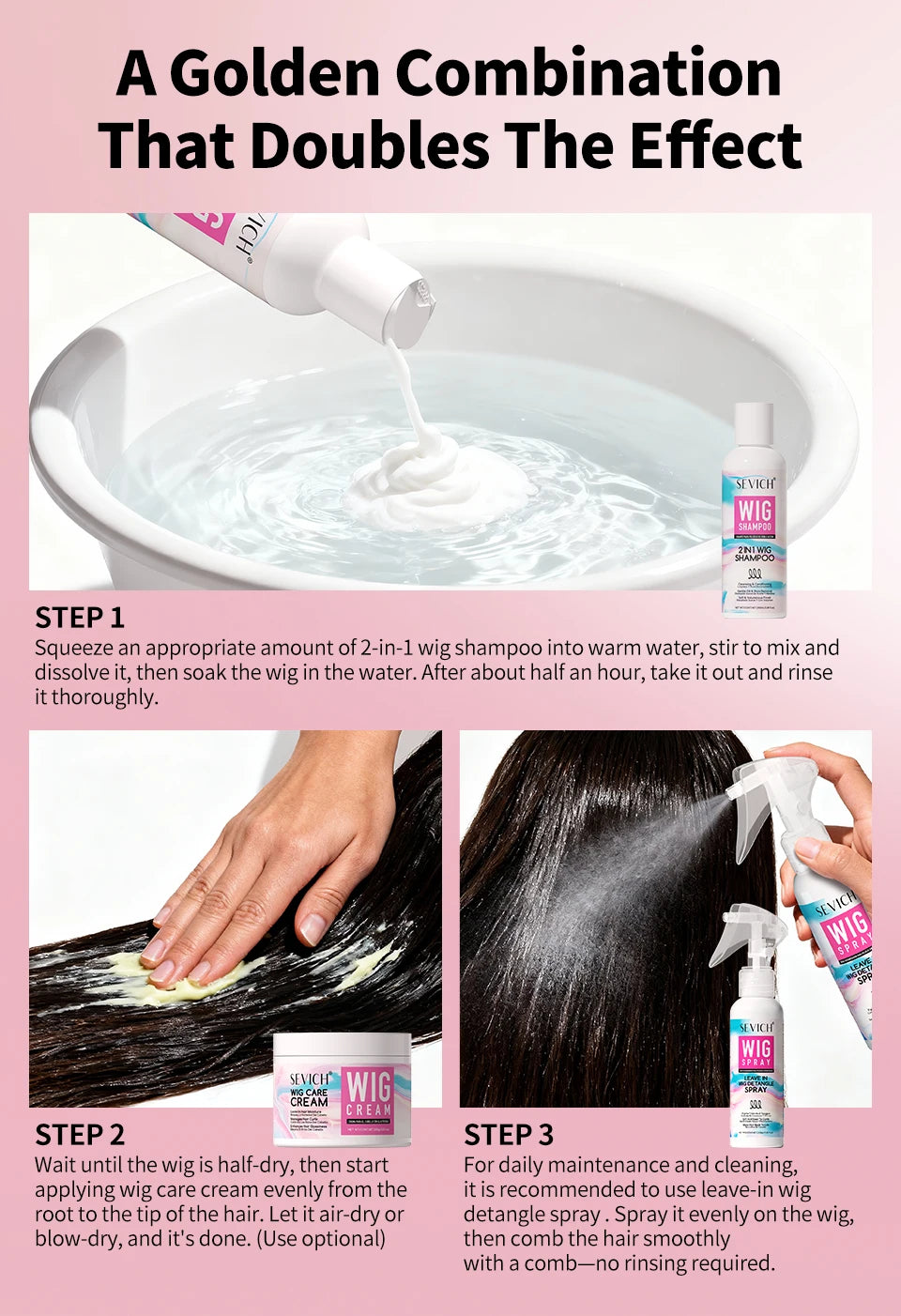Wig Hair Care Shampoo Professional 2 IN 1 Wig Shampoo for Human and Synthetic Smoothing Shiny Repair Damaged Hair Conditioner
