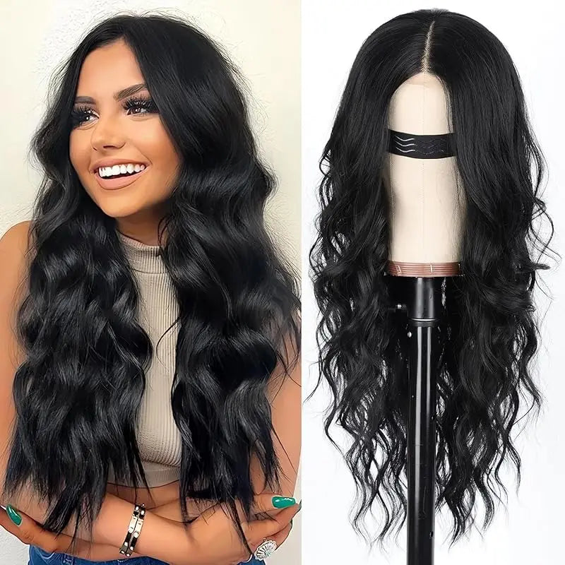 Crown Long Wavy Black Wig — Lace Hairline Middle Part