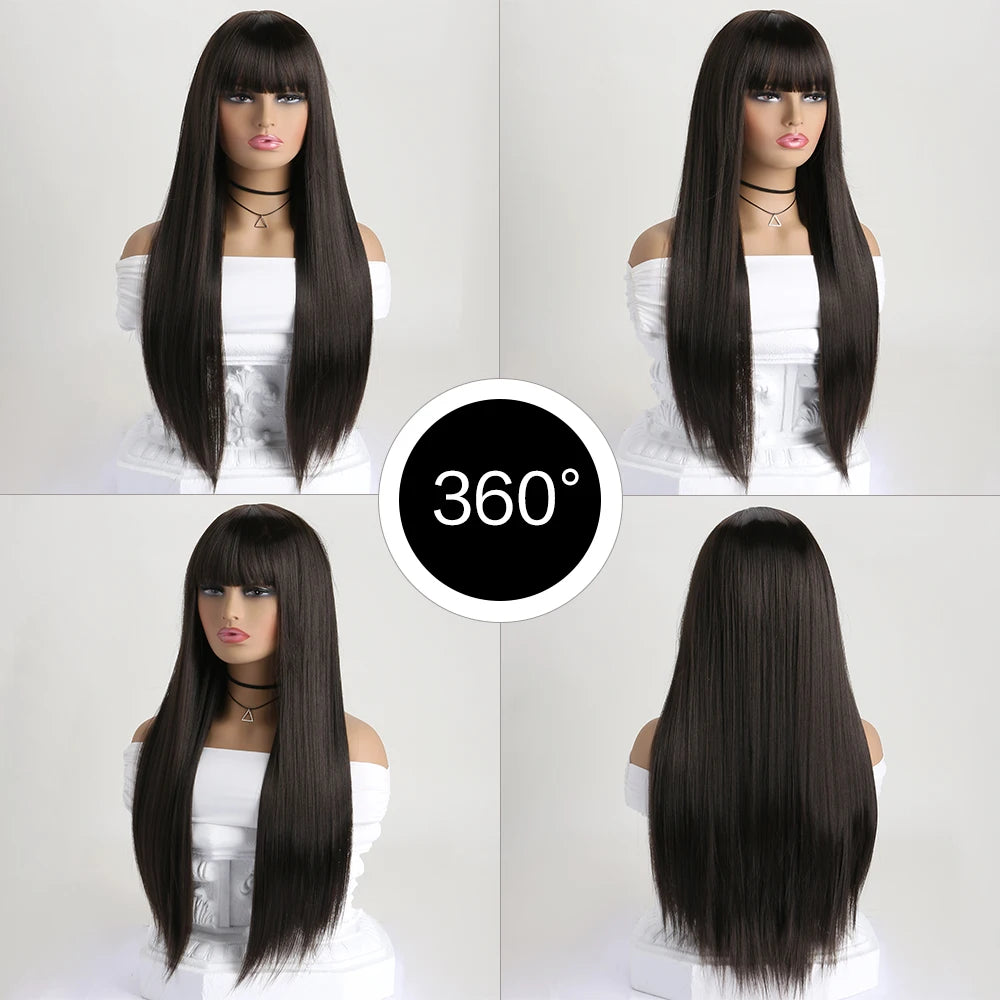 Wig with Bangs for Women  Long Straight Heat Resistant Synthetic Wig for Daily Use, Party, Halloween, Cosplay 26 Inch Wig for
