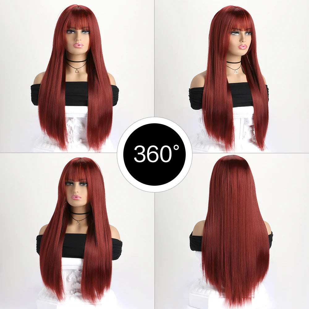 Wig with Bangs for Women  Long Straight Heat Resistant Synthetic Wig for Daily Use, Party, Halloween, Cosplay 26 Inch Wig for